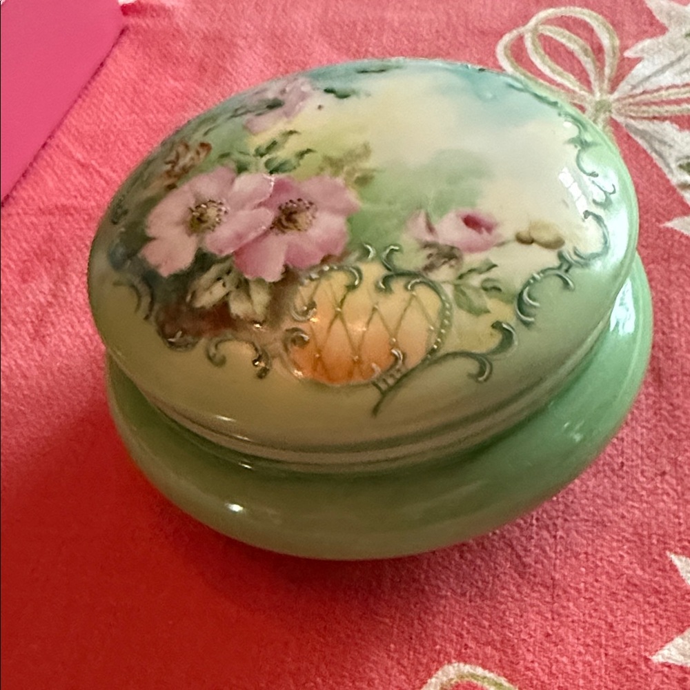 Antique Limonge France Hand-Painted Floral Porcelain Trinket Box Green and Pink